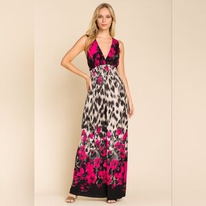 Michael F Floral and Animal Print Maxi Dress